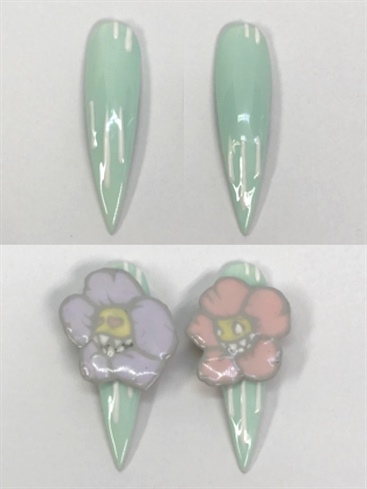1. Paint drips with white tips over ring finger nails. Cure.\n2. Attach devious flowers to nails with overlay gel, cure.