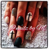 glitter, black and white with cross