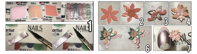 **(1)** On form backing papers, paint Orly Lacquers, apply Flashdry drops. Repeat 3 times for the thickness of thick form paper. After its completely dried, peel off from the form papers, and cut to petal shapes using scissors. **(2)** On a form backing paper, gather pre-cut petals to the shape of flower pattern. Drop a small bead of Orly Gel Fx Bodyguard over the middle, then cure. **(3)** Add decorative piece cutouts from the back side, or add more petals from the back side of the flower using Orly Gel Fx Bodyguard. **(4)** Add front petals if needed. **(6)** Outline each pieces of flowers using similar shade color and white. Also add detail on the very middle of the flower. **(7)** Add Top Coat if needed. It’s now ready to be assembled on the nail tips using Orly Gel Fx Bodyguard. 