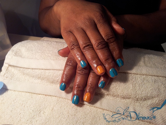 Blue and orange with gold strieppers