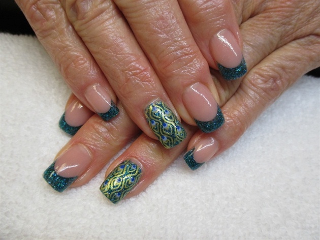 Peacock acrylic and freehand nail art