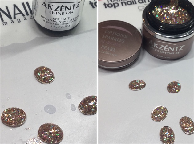 1: Take a form paper and 4 nailart rings. Can be done without the rings. 1.1: Apply Akzéntz Shine-on topcoat for the rings to stay in place. Cure (Leave this step if you're doing it without the rings) 2: Apply a dot of Akzéntz Options Sparkles Aurora Pearl glitter-gel in the ring. Wait til it's leveled a bit, so the glitter don't stick up. Cure. 3: Finish with Akzéntz Shine-on topcoat \n 