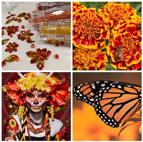 Read into the theme and collect pictures online for inspiration. I was very inspired by the symbolic sense of the Monarch Butterfly and Marigolds as well as the beautiful colors in these. It gave me the idea to use the Swarovski Fireopal crystals.