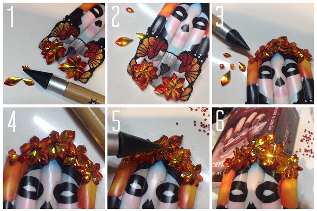 1: Apply Swarovski Fireopal in Flame shape with builder gel in thick viscosity. Be careful not to touch the top of the stones. First apply the petals side inside in different sizes 7mm, 10mm and 13mm, to create the bottom of the flower. 2: Then place the Swarovski-petals on top of them. 4: At some of the flowers you can add 3 layers. I also added a Swarovski Fireopal 4mm bead. 5: Apply CrystalPixie 