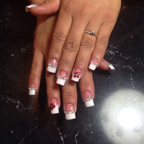 Acrlyic White Tip Nails With 3d Red 🌸
