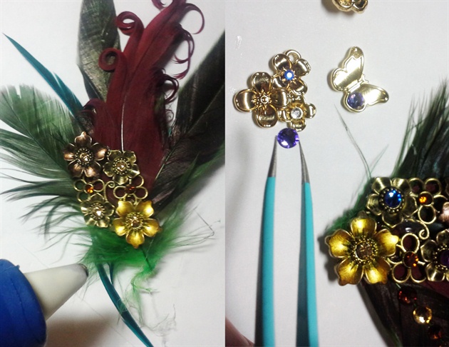 The hand piece was created with feathers, a broach and charms. Gold chain attached to the mask and the pinkie nail connects the hand piece to the nails and serves as a hand decoration. Charms are attached to a gold chain connected to the butterfly.
