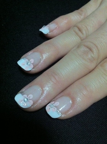 Pink Floral on White French Tip