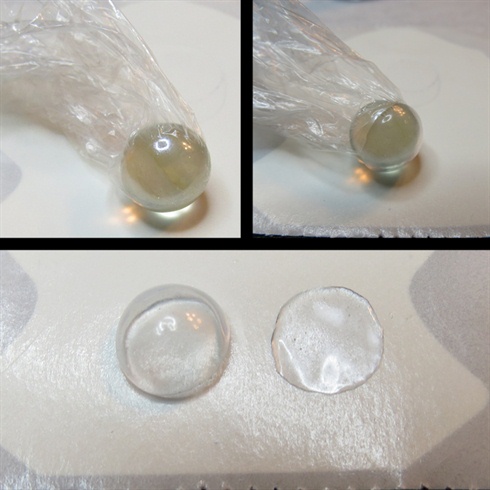 Wrap a marble in plastic wrap, apply 3 layers of gel topcoat on half of the marble. Cure between each layer and when done, carefully remove from plastic wrap. With gel topcoat, make a small flat circle for the bottom of your bubble and cure.