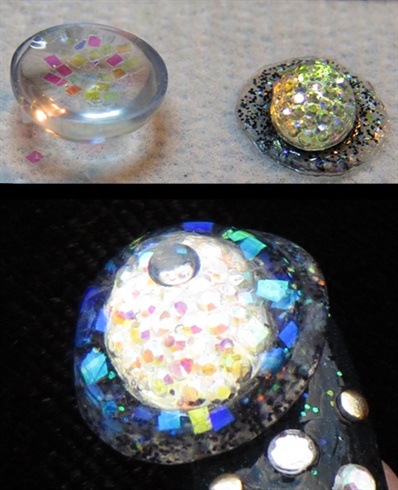 Fill your half bubble with water and glitter. Cover your flat circle with glitter and glue a rainbow jewel in the center. Place the back on to the water-filled bubble and seal with acrylic.