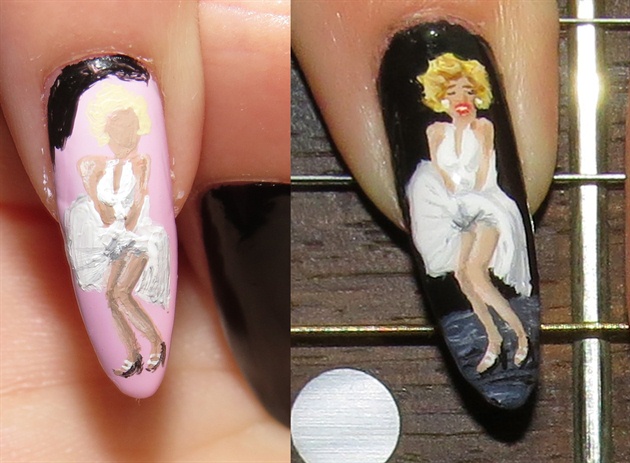 Paint Marylin Monroe on your pinky, deciding to change your background color halfway through. Start with the shape of her dress and build on it.