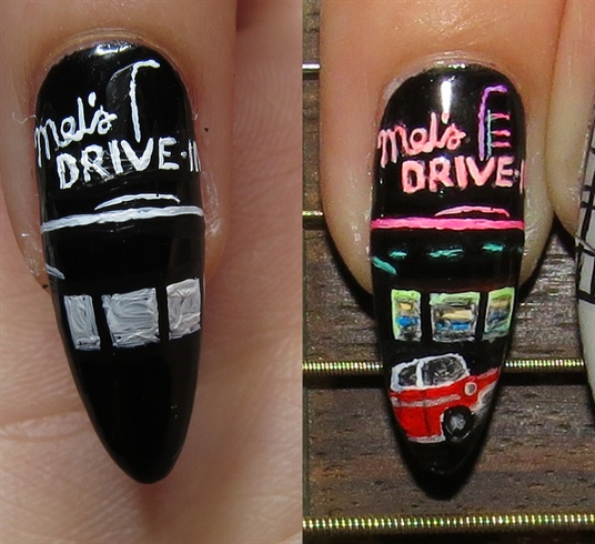 Start painting Mel's Drive-In with white, layer neons and add a vintage car.