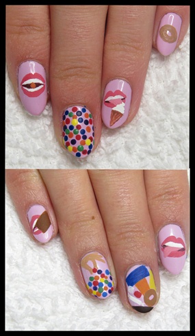 Using craft paint, create the basic lip and candy shapes using brushes and dotting tools.