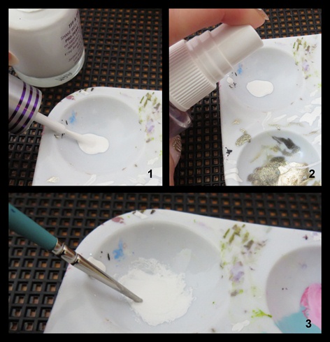 1. Put a couple drops of white polish in a pallet.\n2. Spray gently with 99% alcohol.\n3. Mix until it is thin and easy to work with.