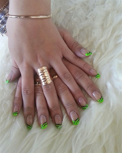 Green French Manicure with stripes 