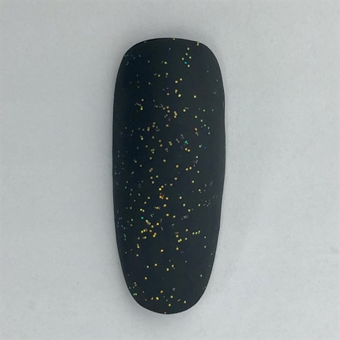 Apply gel top coat, while wet sprinkle the nail with glitter and cure. Gently buff the nail surface smooth.