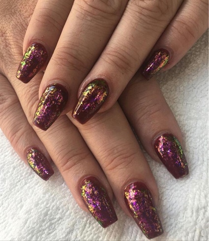 Burgundy Nails With Chameleon Flakes