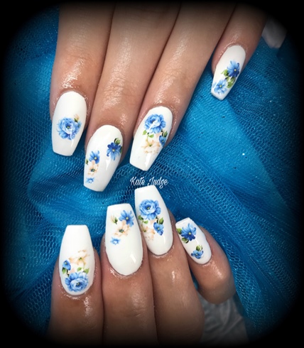 White Nails With Floral Decals
