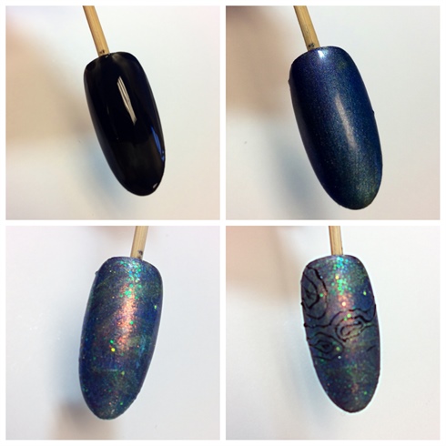 Paua/Jandal - 1. After tip prep, I’ve applied black as my base layer, 2 coats cure do not remove or top coat. 2. Paul is such a pretty shell, I press into my tacky layer of gel some blue, green, purple and yellow/gold, and blue glitter and press in 3. Then I’ve laid one layer of gel top coat down NOT cured, taking a small detailer brush I dip into my pigments and marble into wet top coat, I do this to get added depth and papa colouring, I then cure when happy and you got it, I buff. 4. I use my designer gel and start detailing paua shell designs and curing as I go. 