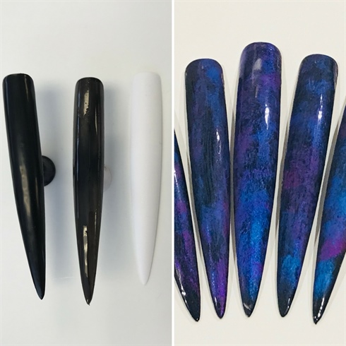 Base coat nails in black gel paint. Using Blue and purple pigment press into the tacky layer. I use a brush with some alcohol on to blend and distress pigments out. Top coat