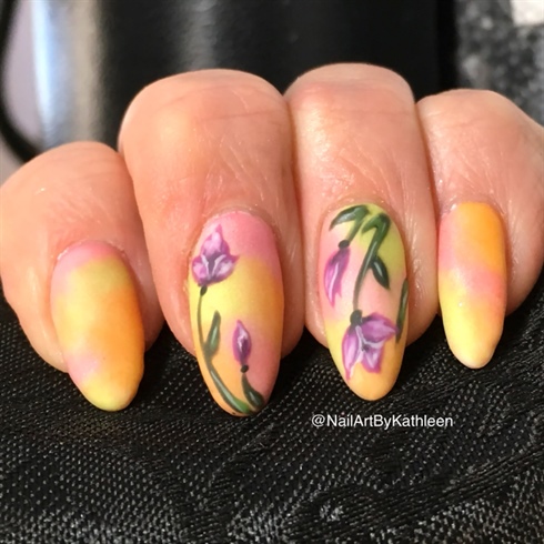 Purple Flowers On Pastel Nails 