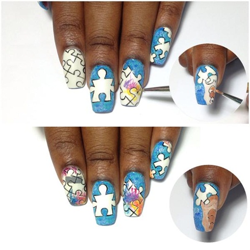 Using a fine detail brush and various colors of nail polish in a quick swiping motion in the pieces of puzzles giving it a splattered effect and continued polishing the hands with a mix of nude acrylic paint and light brown nail polish. 