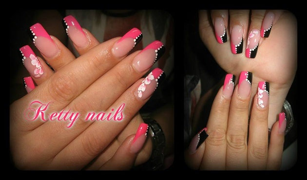 black and pink combination nail art