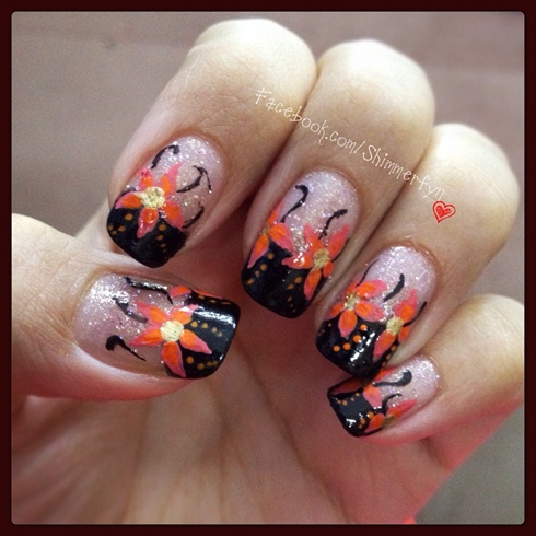 Black french tips with neon flowers