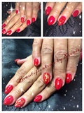 Red Almond Nails With Gold Swirl