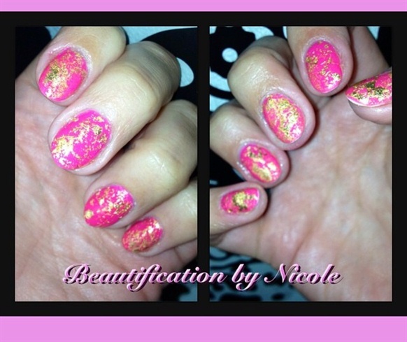 Hot Pink Gel Manicure With Gold Flakes