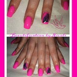 Hot Pink Gel Nails With Feather Art