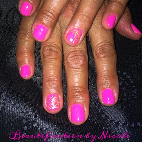 Neon Pink Gel Mani With Gold Foil