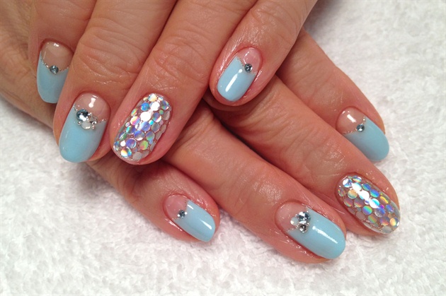 Blue reversed French + mirror ball nails