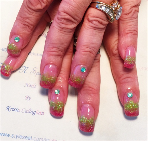 Pink &amp; Green Glitter Fade With Jewels 