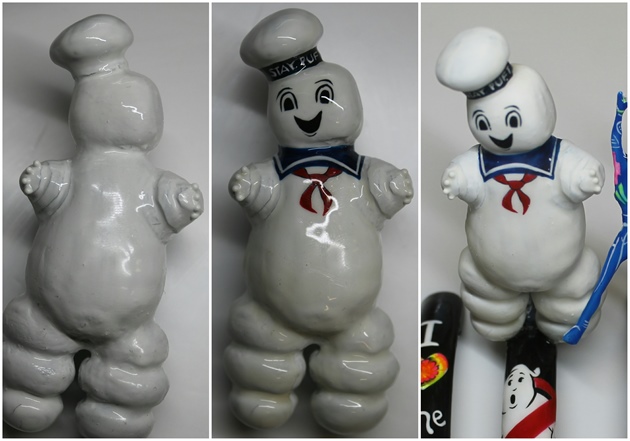 The Ghostbuster's Stay Puft Marshmallow Man was made with using playdough molds and hard gel. First I made the torso of playdough and then covered it with hard gel. I cured the gel and dug the playdough out and painted the details with gel polish. I finished the Marshmallow Man with a layer of matte top coat.