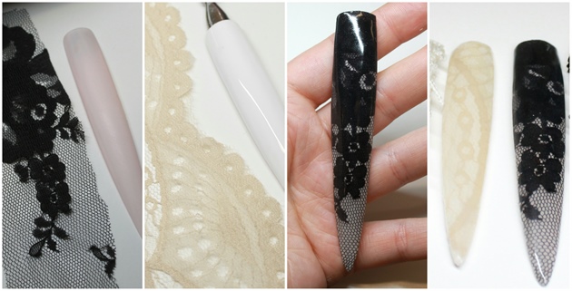 Paint the nail with a base color that works best with your lace. I used nude and white. Cut the lace to fit the nail. Add a layer of clear builder gel on top of the gel polish and stick the lace on it. Cure in the UV and add two more layers on top of the lace. File the nail in it's right form and add top coat for shine.