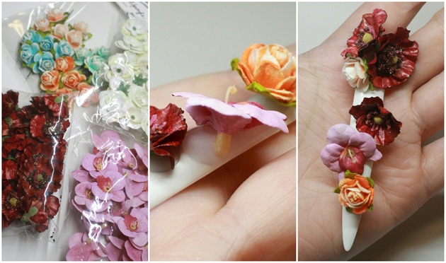 I bought some artificial flowers for the nails to bring them to 