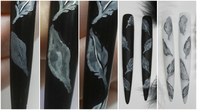 First paint the nail black using Shellac Black Pool gel polish. Then paint a feather figure using gray gel paint. Touch the paint with acetone to make it spread on the nail. It creates a water colour painted look to it. Cure the nail and add lighter shades of gray to give the feather depth. Paint the details, black outlines and white center.