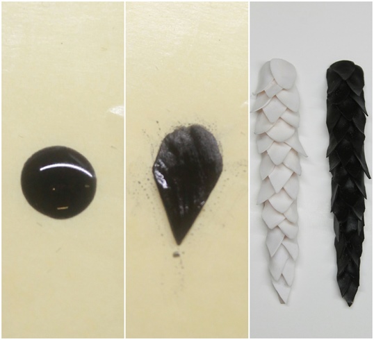 Take a bead of black acrylic and let it dry a while. Then shape the bead pointy and lift the 