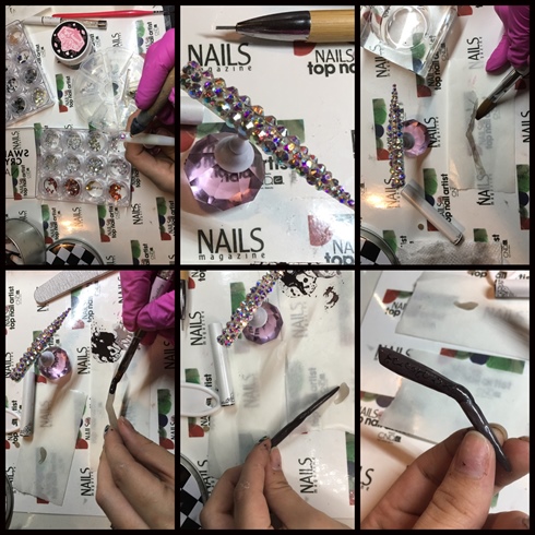 I applied Swarovski AB Crystals to the entire base of the nail. I planned my 3D wand by keeping the tip close to measure. I made the wand out of Ugly Duckling clear acrylic and after hand filing, I painted it with Fuzion gel paint.