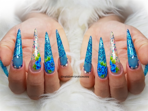 glass gel stiletto nails with flowers