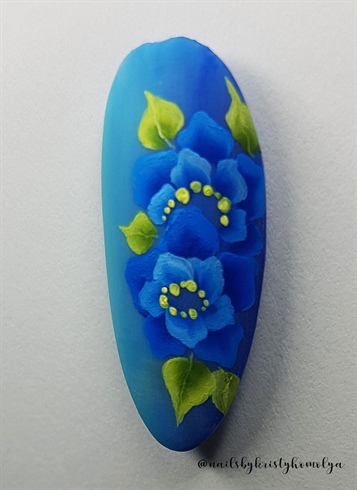 5. use a watery yellow color to the contour of the leaves, and paint dots in the middle of the flowers.