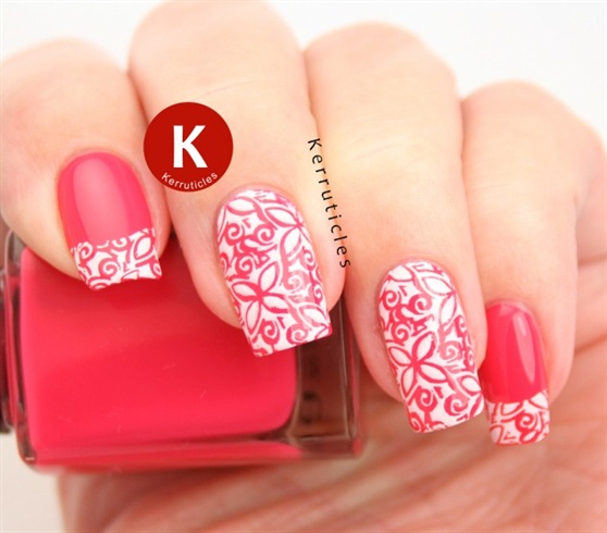 Pink and white stamped floral nails