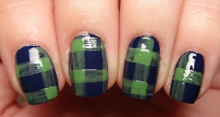 2.Use a nail art brush to paint thick crisscross stripes.  The Limelight polish is a little transparent, which is what you want in this case.  First, paint vertical stripes in different locations on each nail.  Then add the horizontal (or vice versa).  Add a little more polish to the square section where the lines overlap.