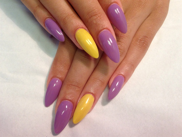 Purple And Yellow Almond Acrylics - Nail Art Gallery