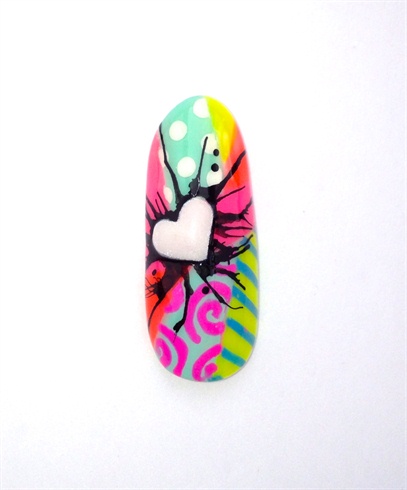 Coat your design with gel topcoat.  Next use a glow-in-the-dark white acrylic to make a 3-D heart.  