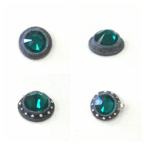 I start by placing a large emerald Swarovski crystal into a round bead of silver acrylic. Then I carve out a groove using my electric file.  Next I use gel to adhere some tiny silver beads. Lastly, I carve out a little space on the side and use gel to add a seed bead to use as a hinge.  