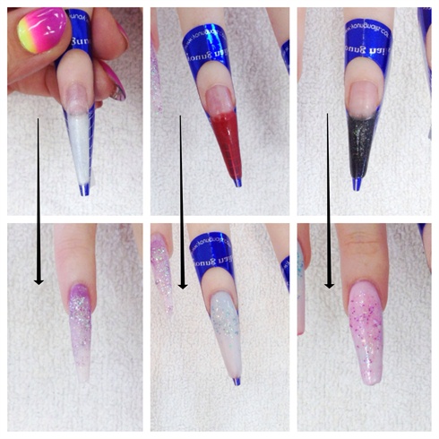Begin by sculpting the extension using a very thin layer of a bright color.  Then sculpt the entire nail out of the color you want to see on the top of the nail.  
