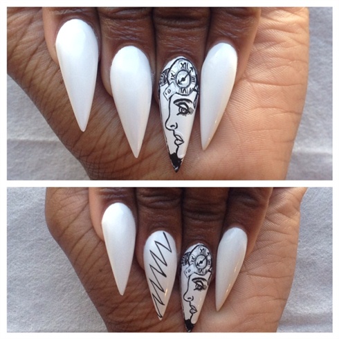 Using a black acrylic paint of your choice. Paint a side profile of a woman's face then a clock and a bottle of spilled polish, which is dripping to tip of the nail. then Paint a zigzag line from cuticle two free edge on the middle finger.\n