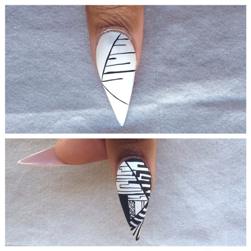 Paint a V shape on the side of the thumb nail and make uneven lines then connect the line and fill them in\n