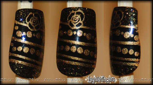 Black and Gold Konad with Glitter